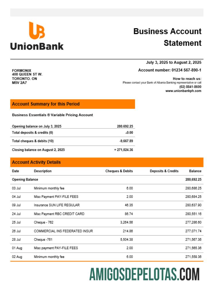 Exemplo de extrato da empresa Unionbank em formato Word e PDF